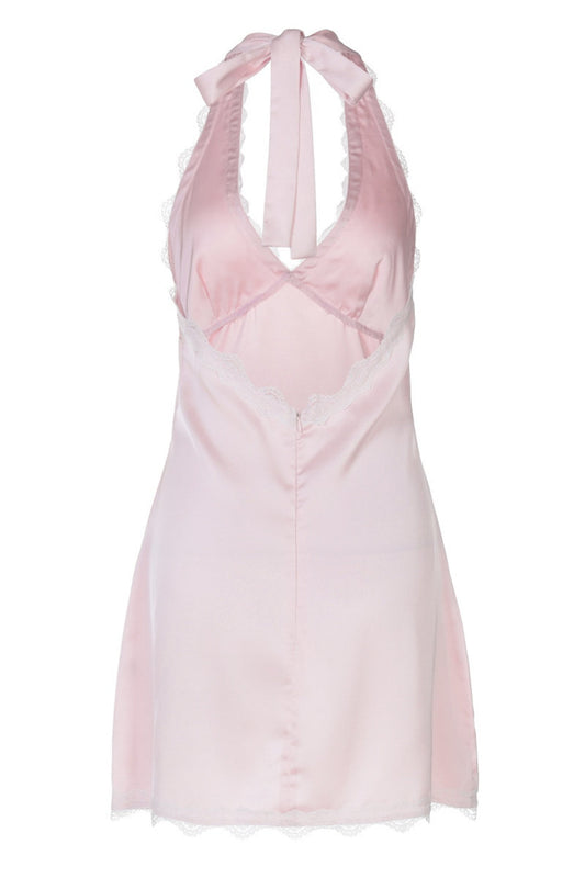 Halter Pink Satin A-line Short Dress