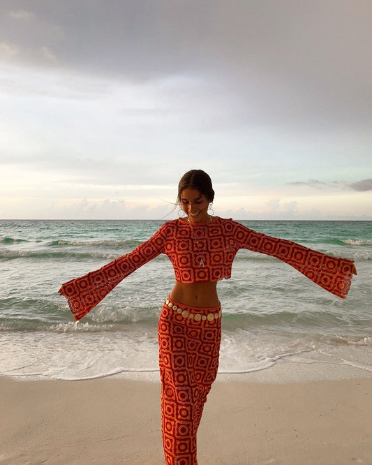 Elorine – Long Sleeve Wrap Set with Maxi Skirt