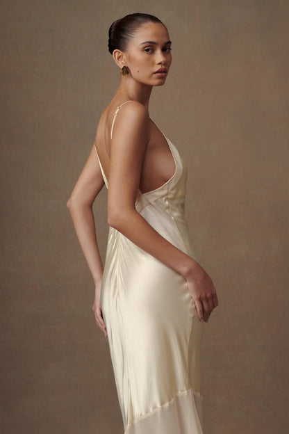 Evelyn Iridescent Satin Maxi Dress - Lemon Sorbet