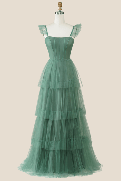 Blue Tulle Tiered A-line Long Dress