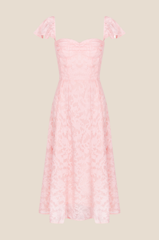 Flare Sleeves Pink Ruched A-line Long Dress
