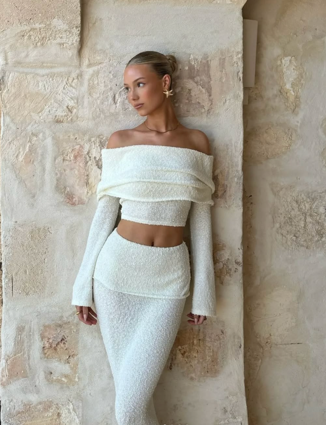 Juline - Bouclé co-ord set with bardot detail