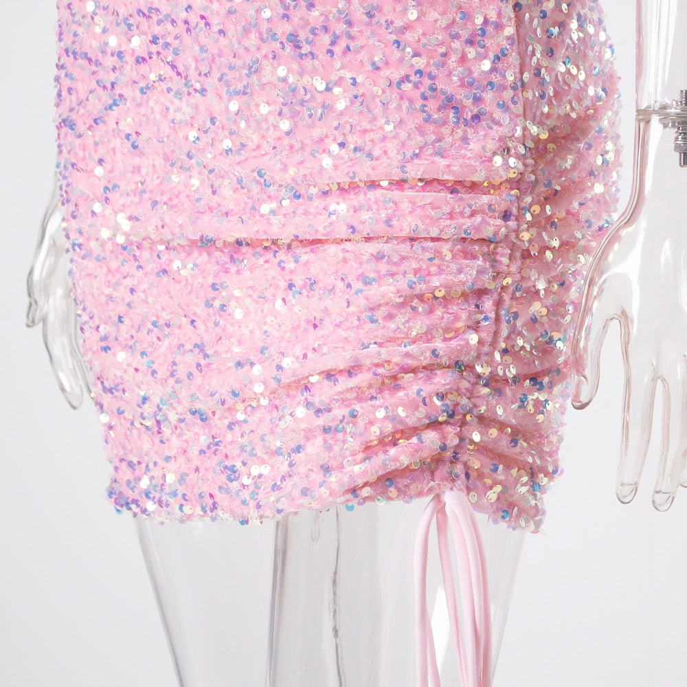 Ruched One Shoulder and Hem Pink Sequin Mini Dress