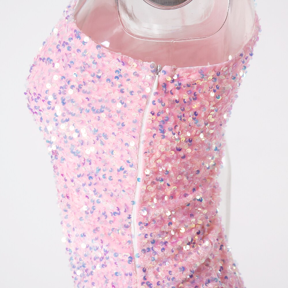 Ruched One Shoulder and Hem Pink Sequin Mini Dress