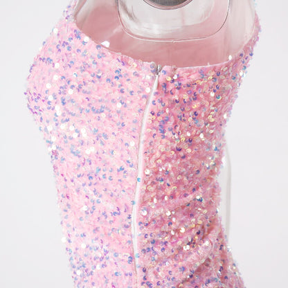 Ruched One Shoulder and Hem Pink Sequin Mini Dress