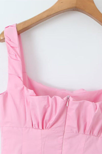 High Waist Pink Ruched Short Summer Dress