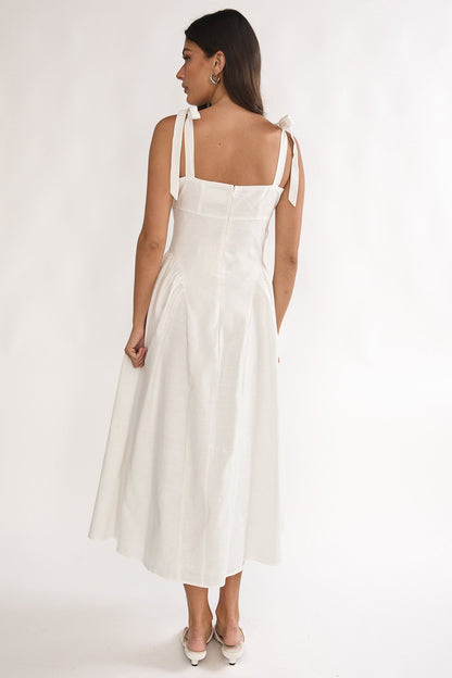 Morgana Tied Shoulder Applique Midi Dress Off White