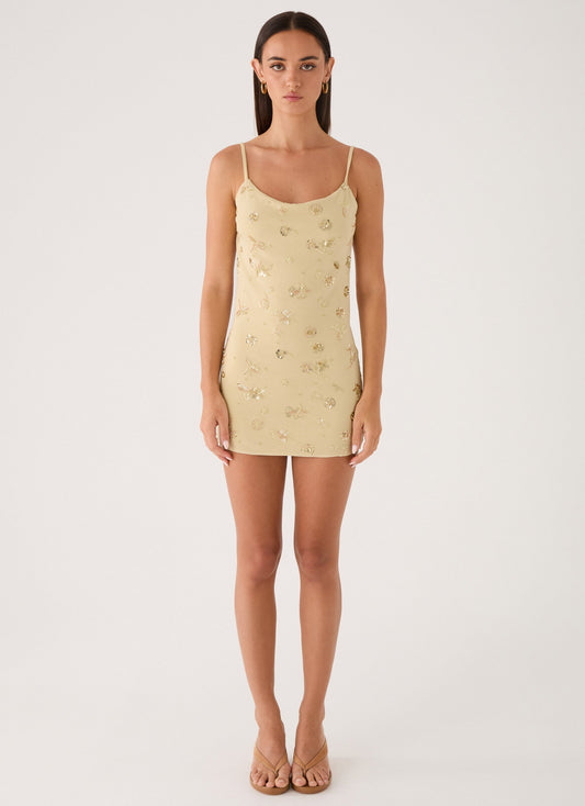 Levanna Beaded Sequin Mini Dress - Pale Olive