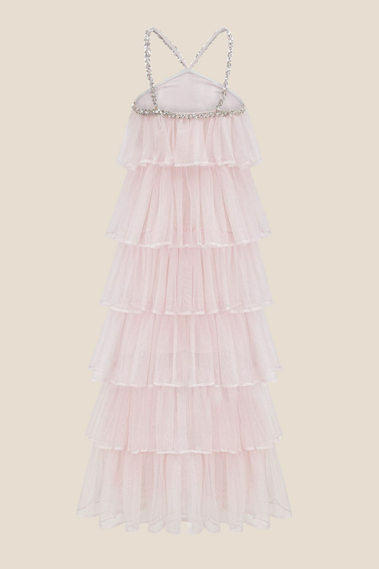 Light Pink Tiered A-line Long Dress with Diamonds
