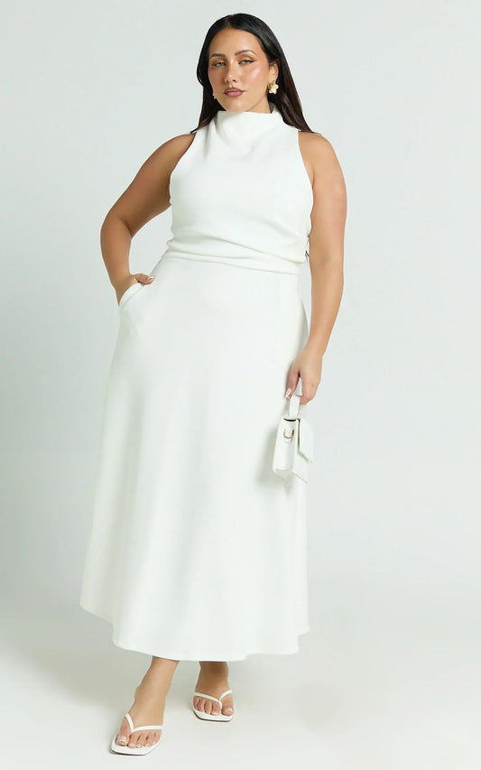 Macy Midi Dress High Neck A Line Dress in Off White
