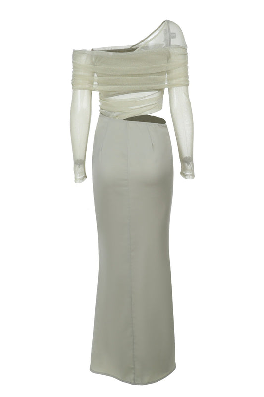 Sage Green Long Sleeves Ruched Long Dress