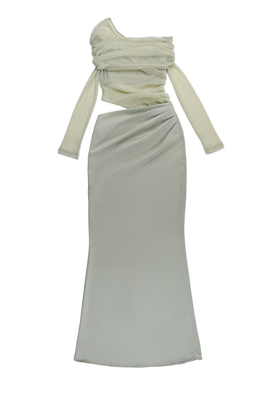 Sage Green Long Sleeves Ruched Long Dress