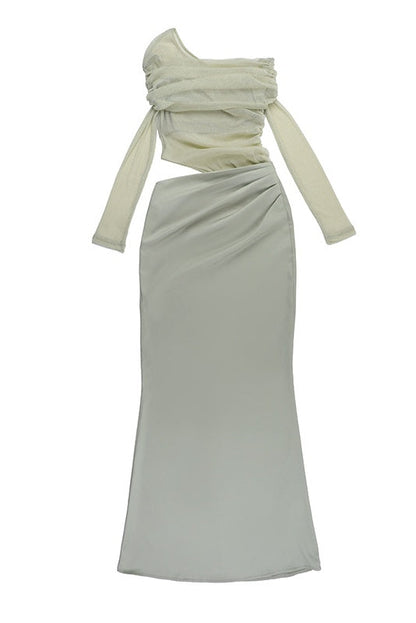 Sage Green Long Sleeves Ruched Long Dress