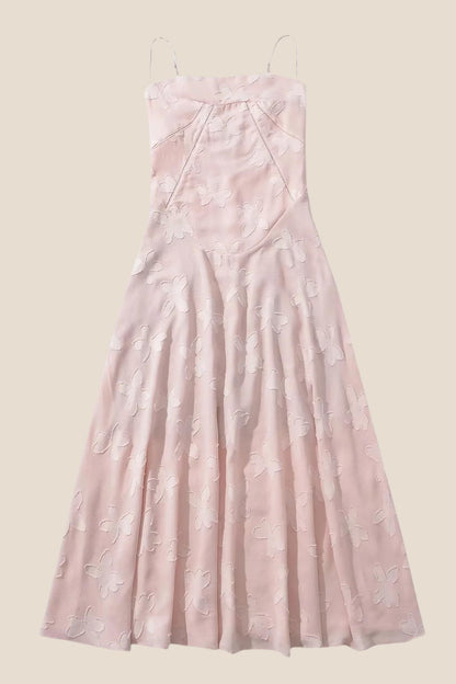 Spaghetti Straps Pink Lace A-line Long Dress