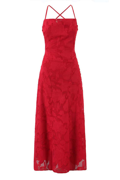 Spaghetti Straps Red Lace Long Dress