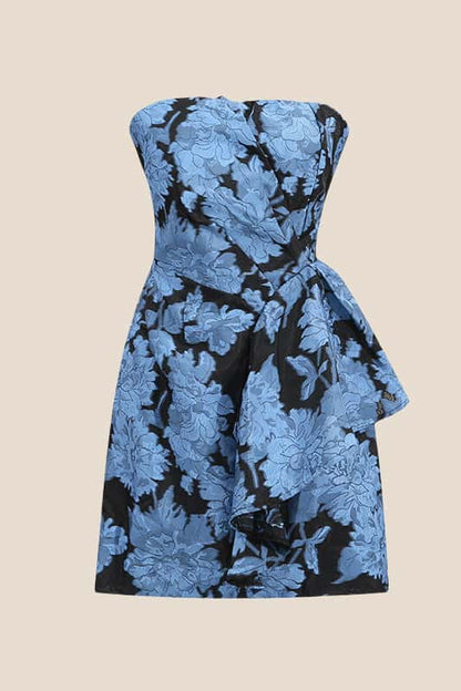 Strapless Blue Floral Ruched Short Dress