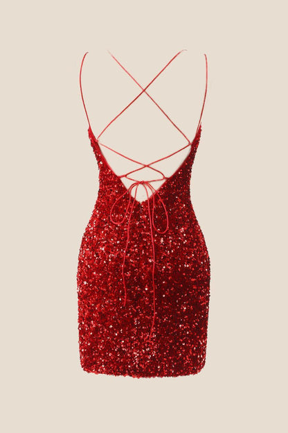 Red Sequin Bodycon Mini Party Dress with Double Straps