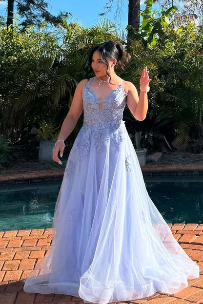 Blue V Neck Appliques Long Formal Dress