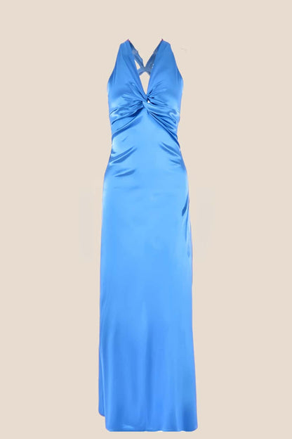Twist V-neck Light Blue Open Back Sheath Long Dress