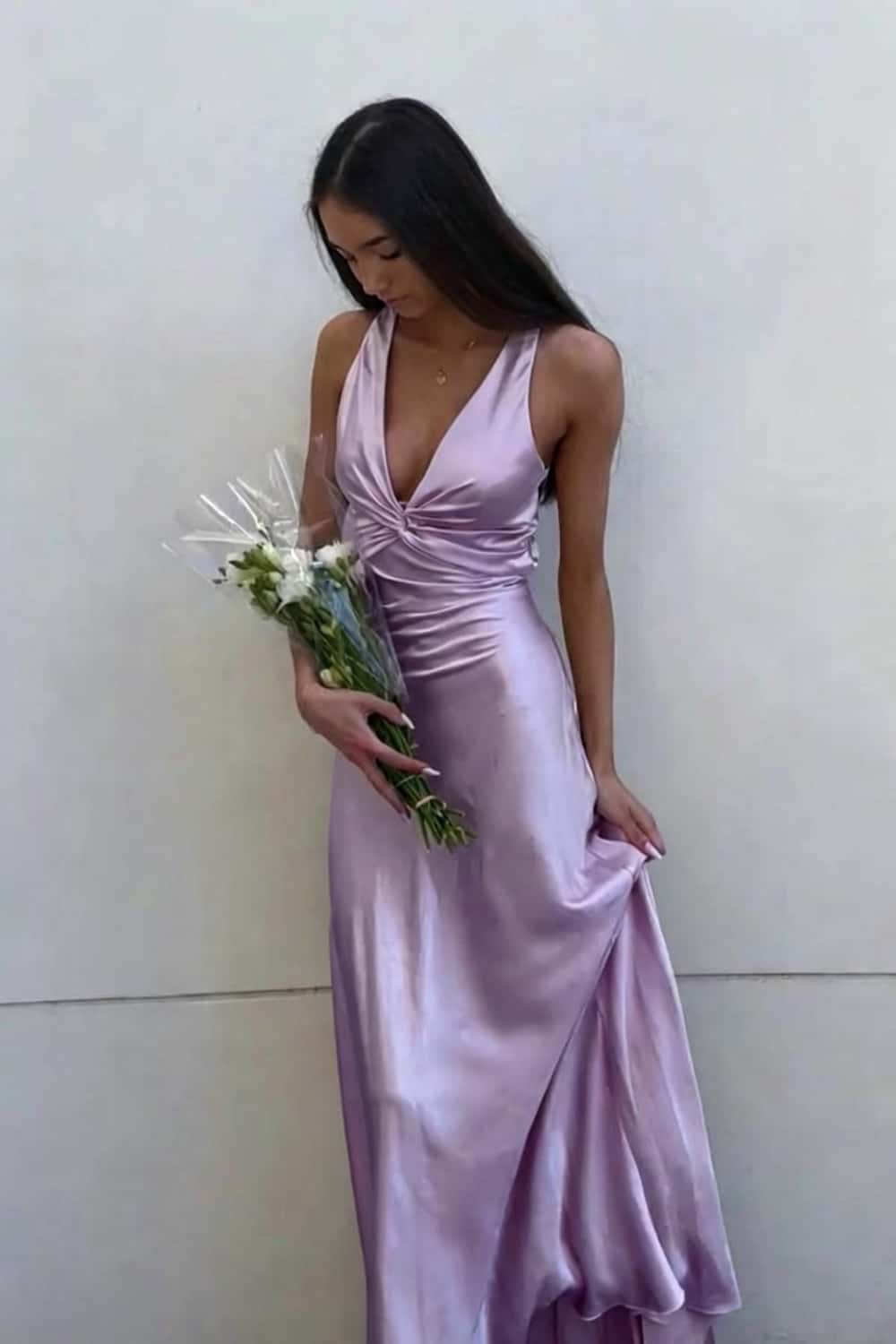 Twist V-neck Yellow Open Back Sheath Long Dress
