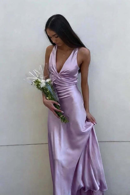 Twist V-neck Yellow Open Back Sheath Long Dress