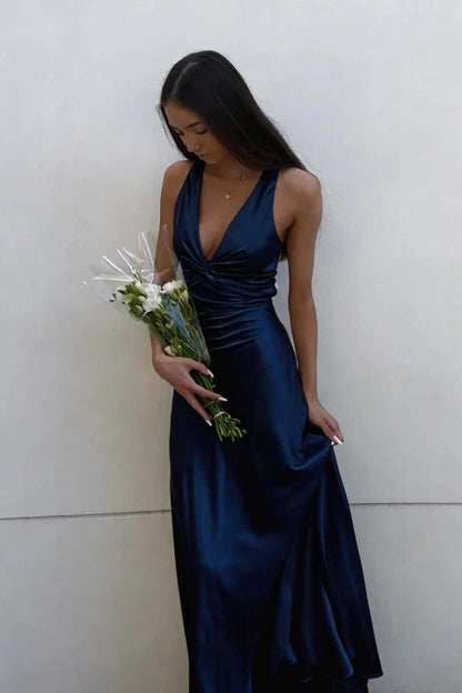 Twist V-neck Yellow Open Back Sheath Long Dress