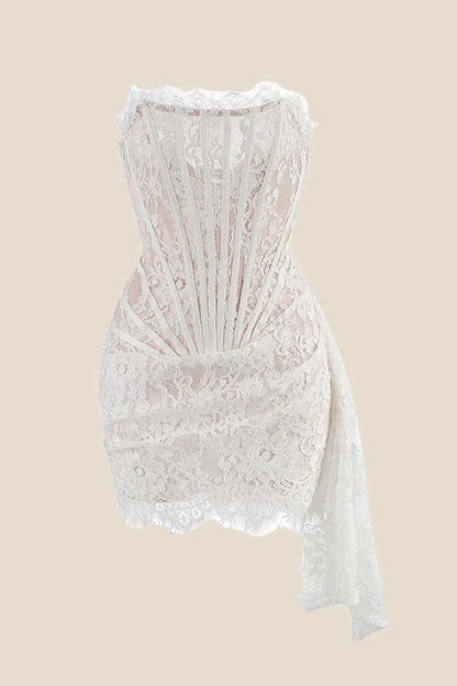 Strapless Black Tight Lace Short Dress with Train