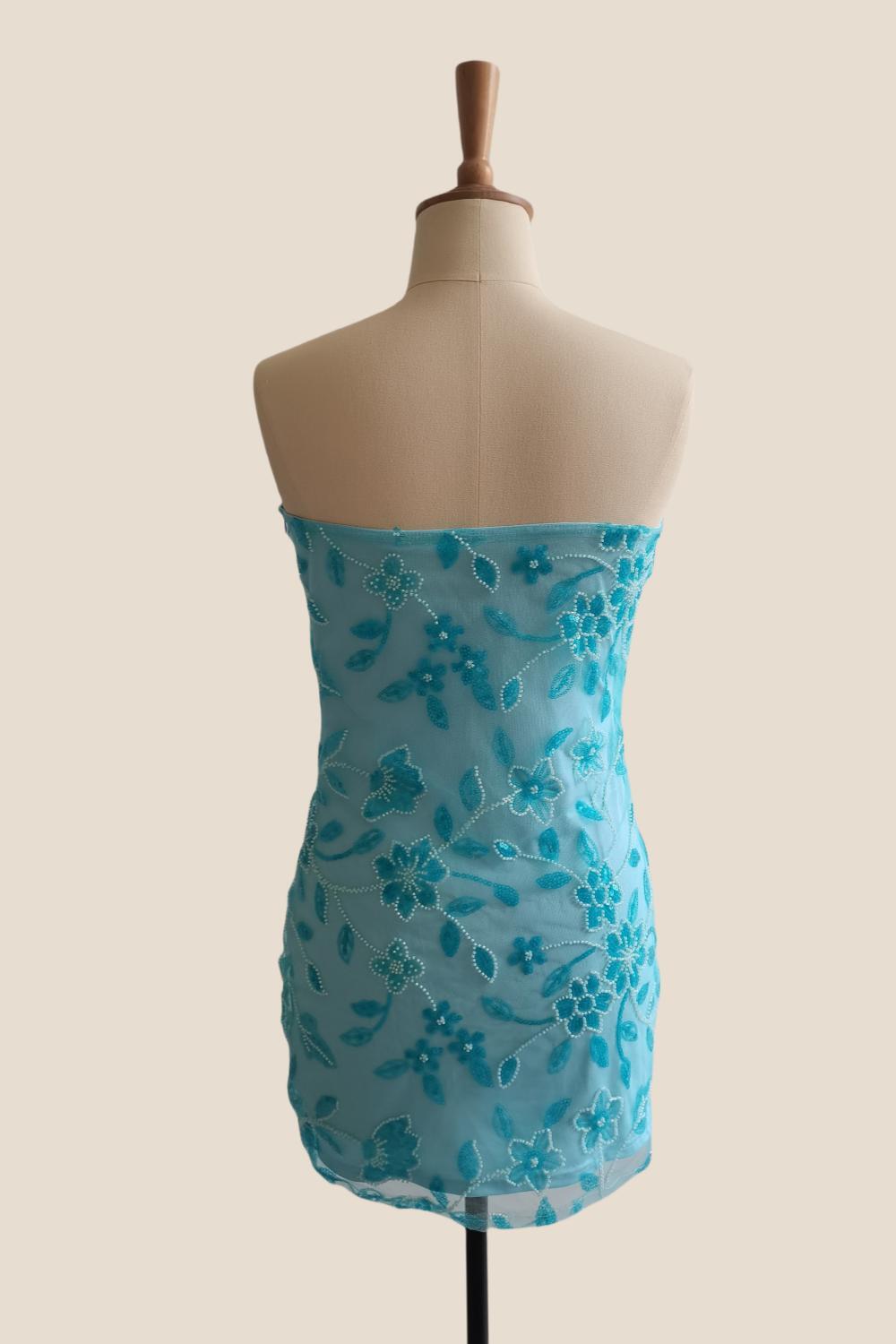Strapless Yellow Beaded Flowers Tight Short Dress