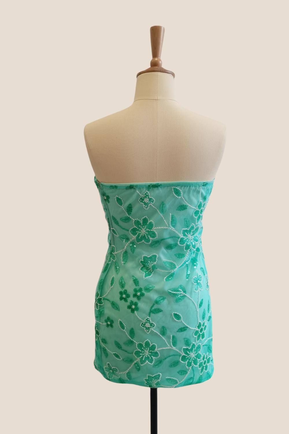 Strapless Burgundy Beaded Flowers Tight Short Dress