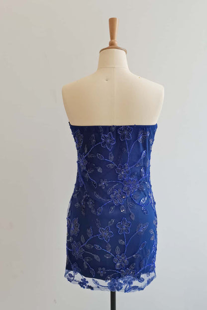 Strapless Burgundy Beaded Flowers Tight Short Dress