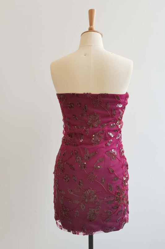 Strapless Burgundy Beaded Flowers Tight Short Dress