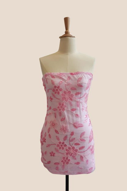 Strapless Burgundy Beaded Flowers Tight Short Dress