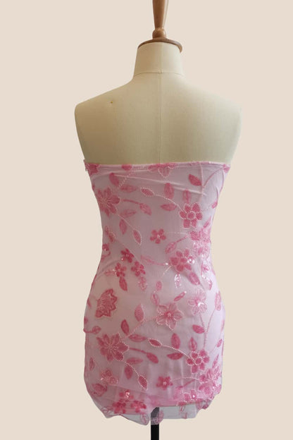 Strapless Burgundy Beaded Flowers Tight Short Dress
