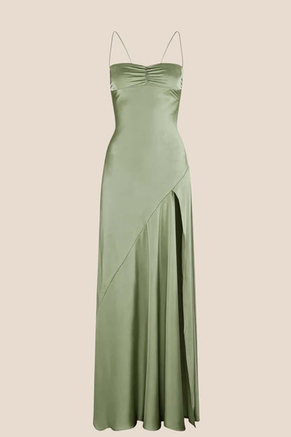 Spaghetti Straps Olive Green Long Dress with Slit