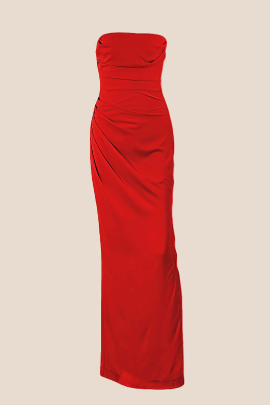 Strapless Sage Ruched Long Dress with Slit