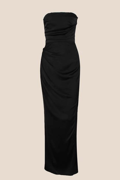 Strapless Black Ruched Long Dress with Slit