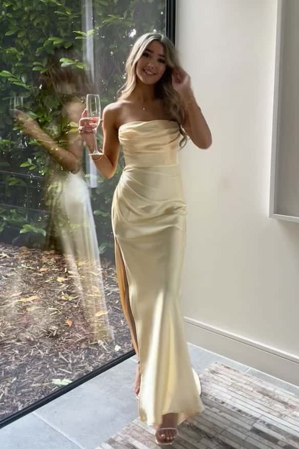 Strapless Black Ruched Long Dress with Slit