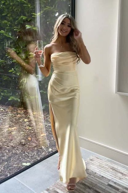 Strapless Black Ruched Long Dress with Slit