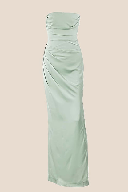 Strapless Black Ruched Long Dress with Slit