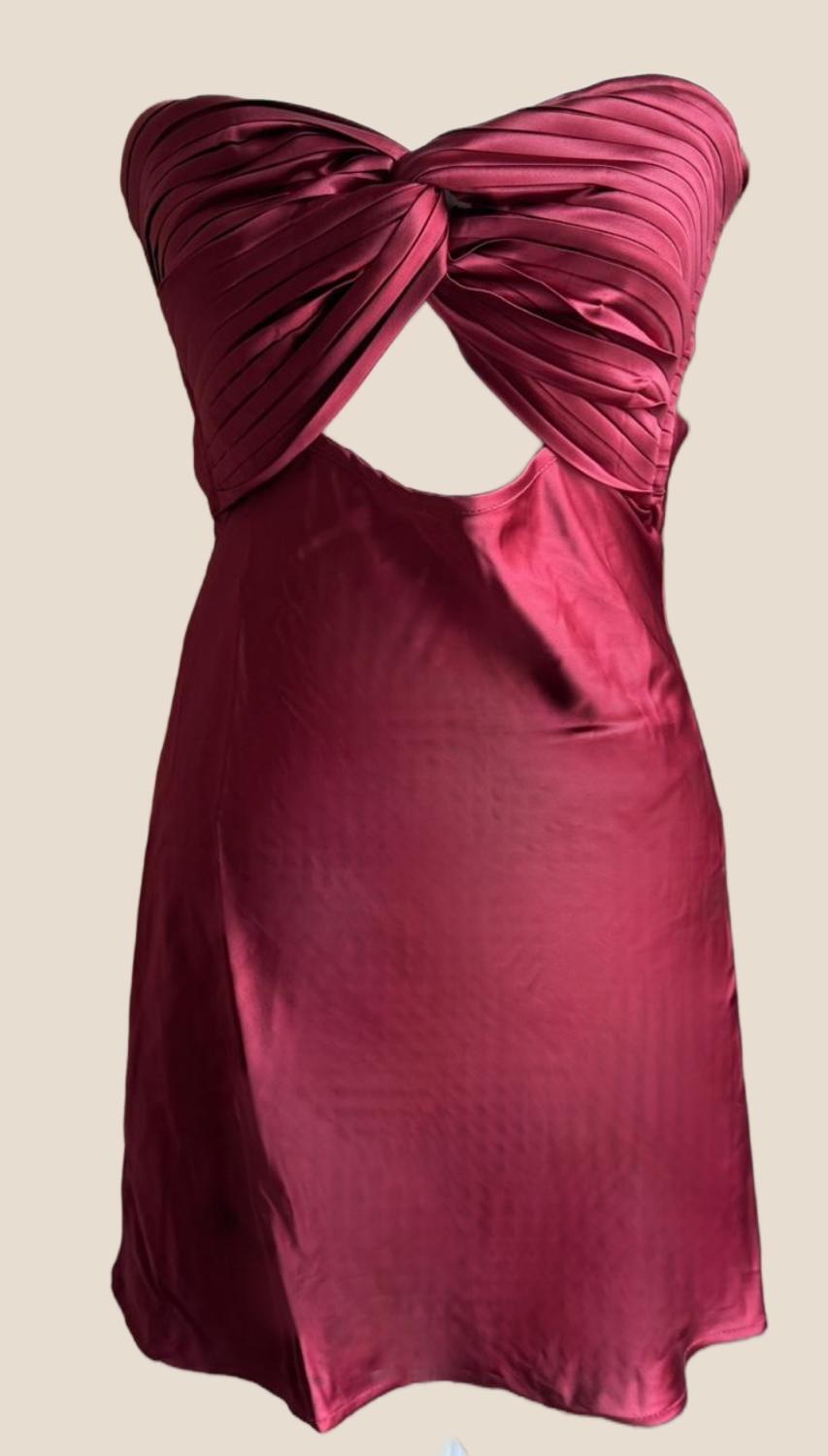Twisted Pleated Burgundy Soft Satin Keyhole Mini Dress