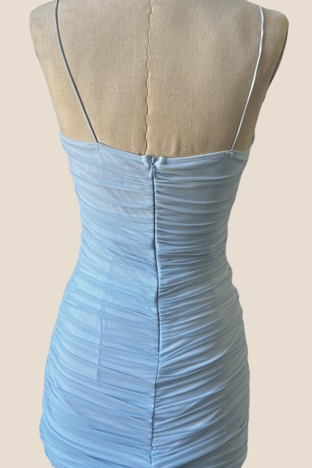 Spaghetti Straps Light Blue Tulle Tight Mini Dress