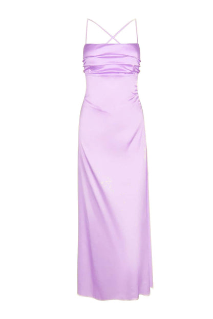 Spaghetti Straps Fuchsia Satin Back Tie Long Dress