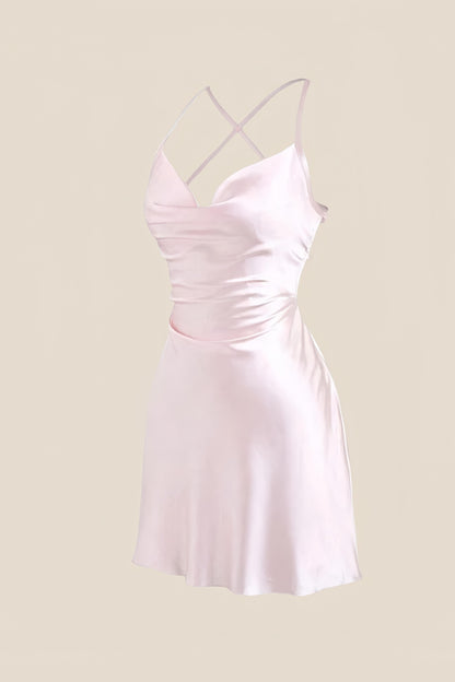 Straps Light Blue Satin Cowl Neck Mini Dress
