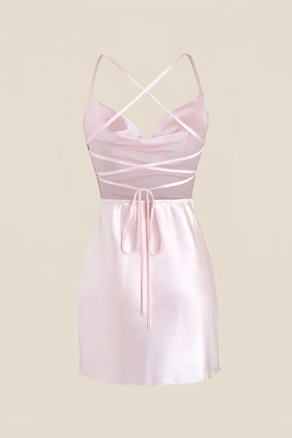 Straps Light Blue Satin Cowl Neck Mini Dress