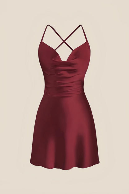 Straps Pink Satin Cowl Neck Mini Dress