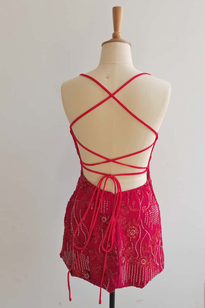 Spaghetti Straps Beaded Orange Mini Dress