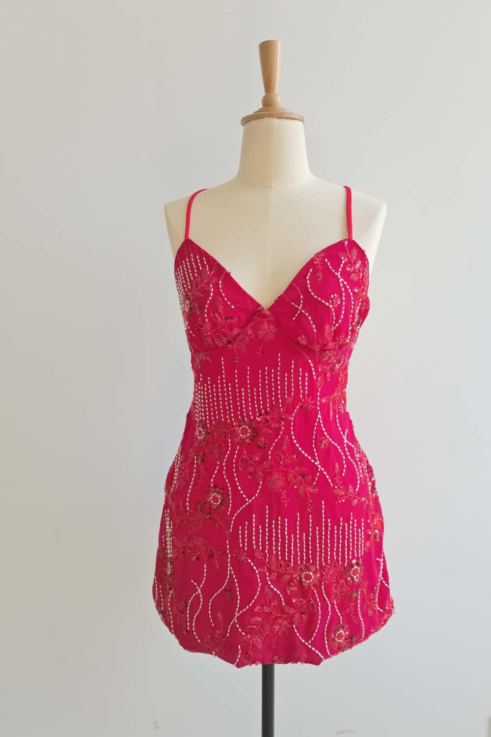 Spaghetti Straps Beaded Fuchsia Mini Dress