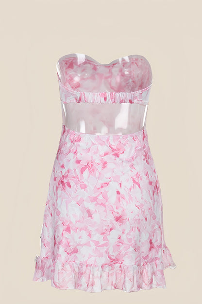 Cute Pink Print Mini Dress with Bow