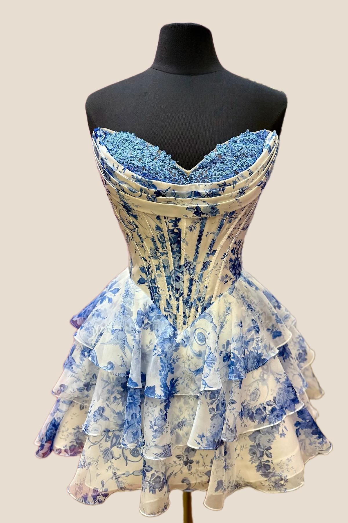 Strapless Blue Floral Corset A-line Short Ruffle Dress