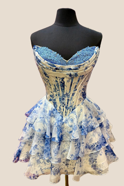 Strapless Blue Floral Corset A-line Short Ruffle Dress